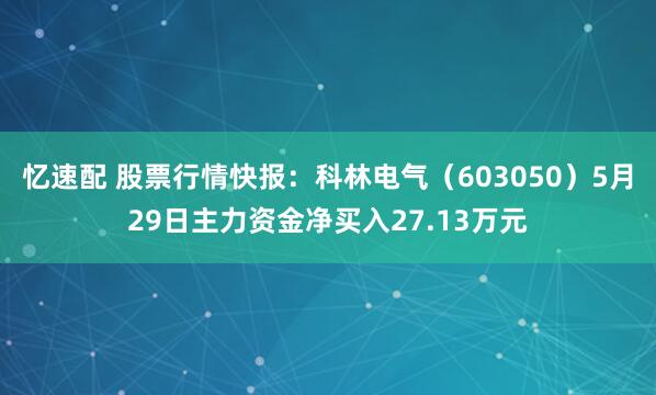 忆速配 股票行情快报：科林电气（603050）5月29日主力资金净买入27.13万元