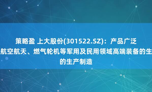 策略盈 上大股份(301522.SZ)：产品广泛应用于航空航天、燃气轮机等军用及民用领域高端装备的生产制造